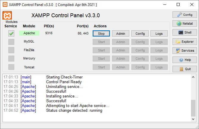 Apache рабочее окно 